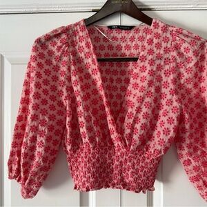 Zara Pink Floral Embroidered Smocked Blouse